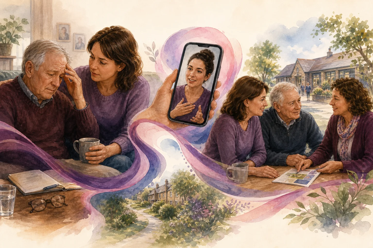 A family carer moving from a difficult moment to digital guidance and trusted local human support