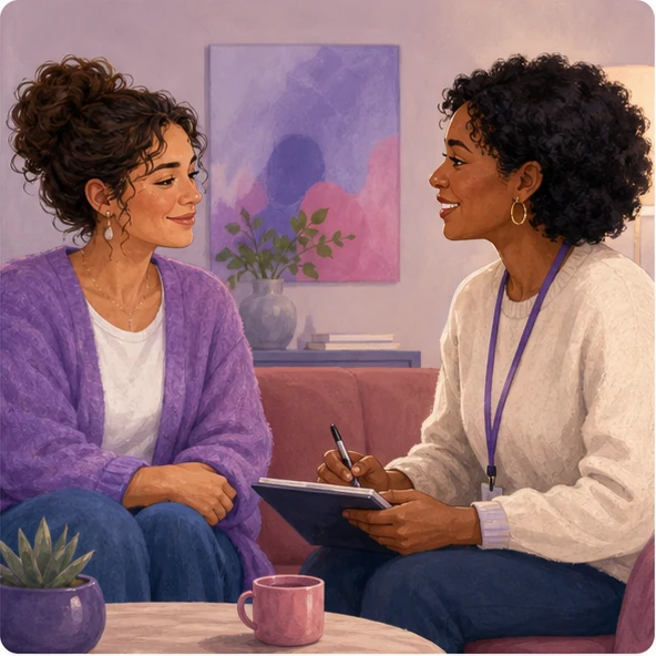 A person receiving a warm handover to a real member of the support team