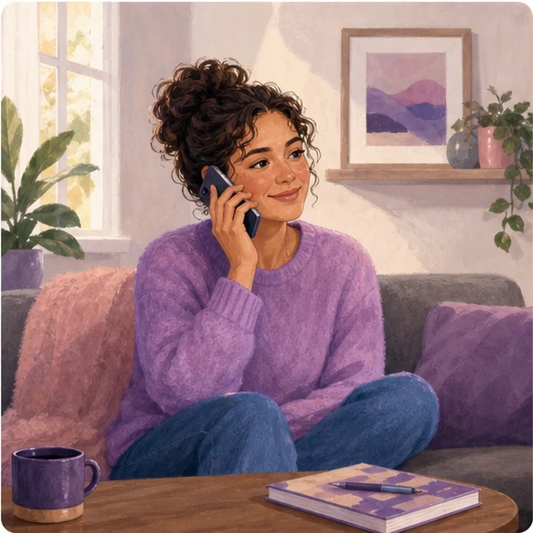 A person having a friendly first phone conversation