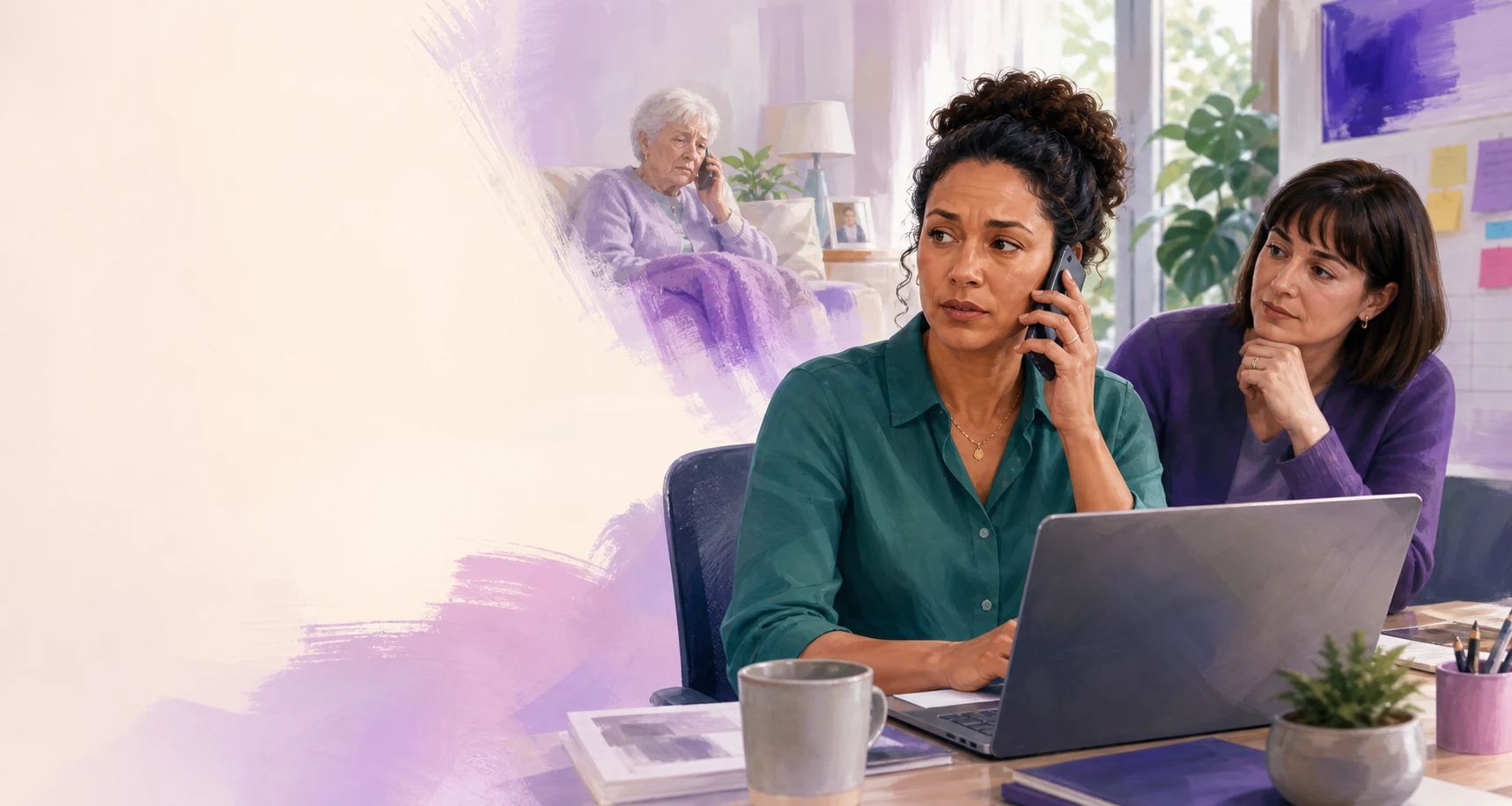 An employee balancing a caring call from home with work while a supportive manager listens