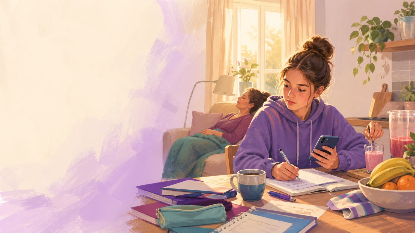 A young carer balancing homework, household tasks and concern for a family member