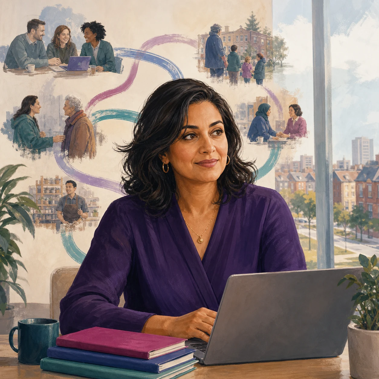 Illustrated portrait representing Leah, a corporate social-impact lead
