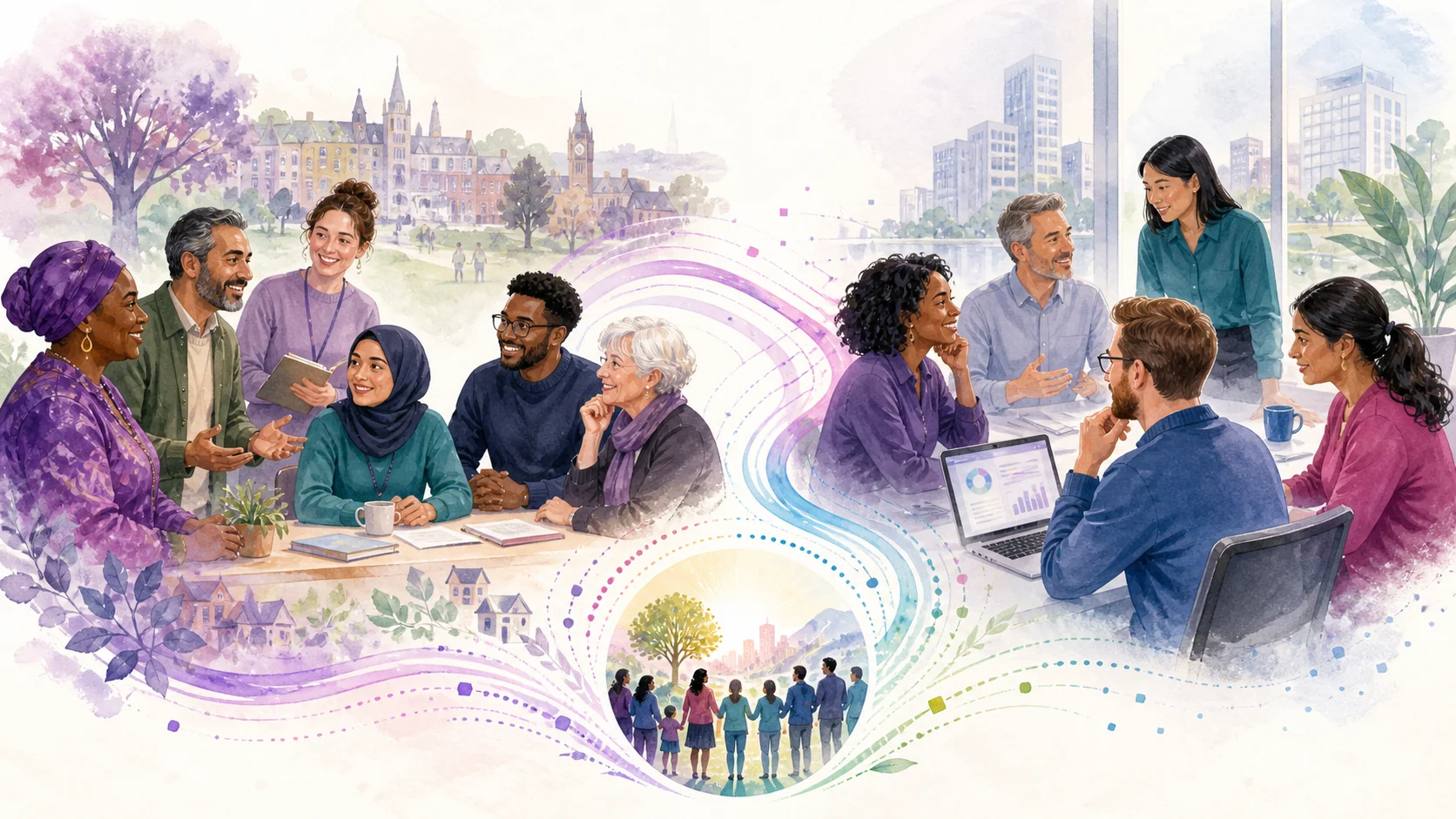 Social enterprises and an investor working together around a shared mission and impact dashboard