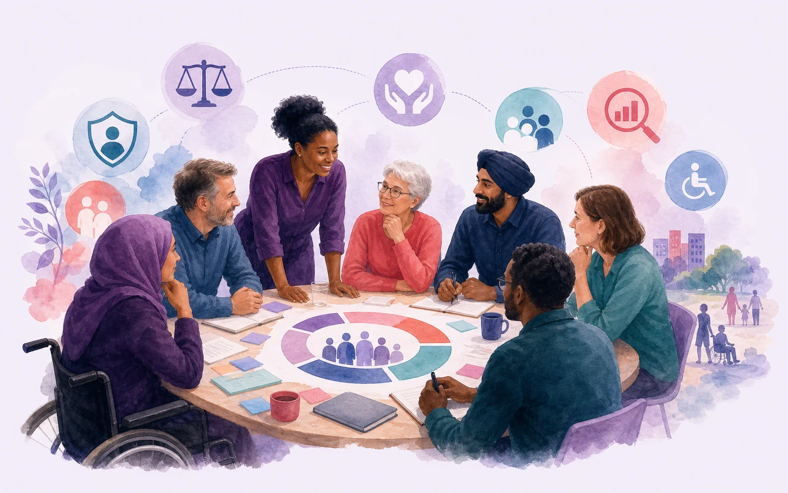 A diverse group shaping a responsible AI service around people, safeguards and community outcomes