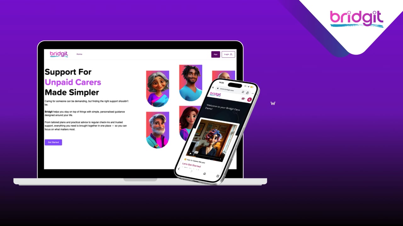 Preview of the Bridgit app on desktop and mobile with a team of digital coaches