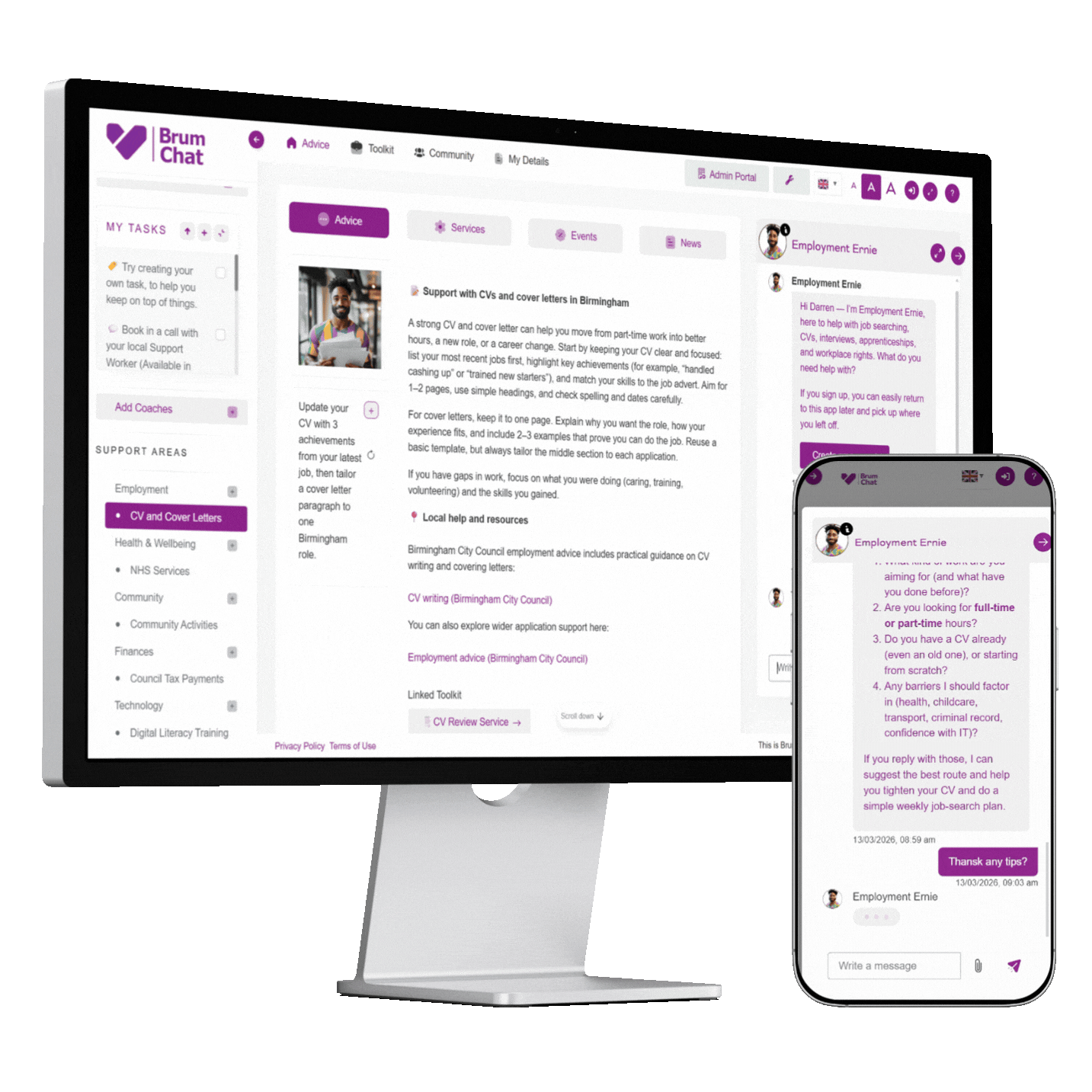 The Brum Chat app showing personalised Birmingham support